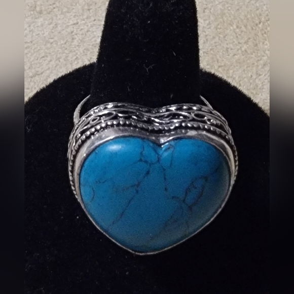 Handmade 925 Sterling Silver Heart Shape Turquoise Gemstone  Ring Size 10 - Picture 5 of 11